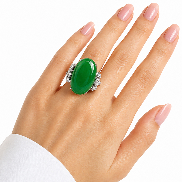 Platinum Oval Natural Jade Diamond Ring